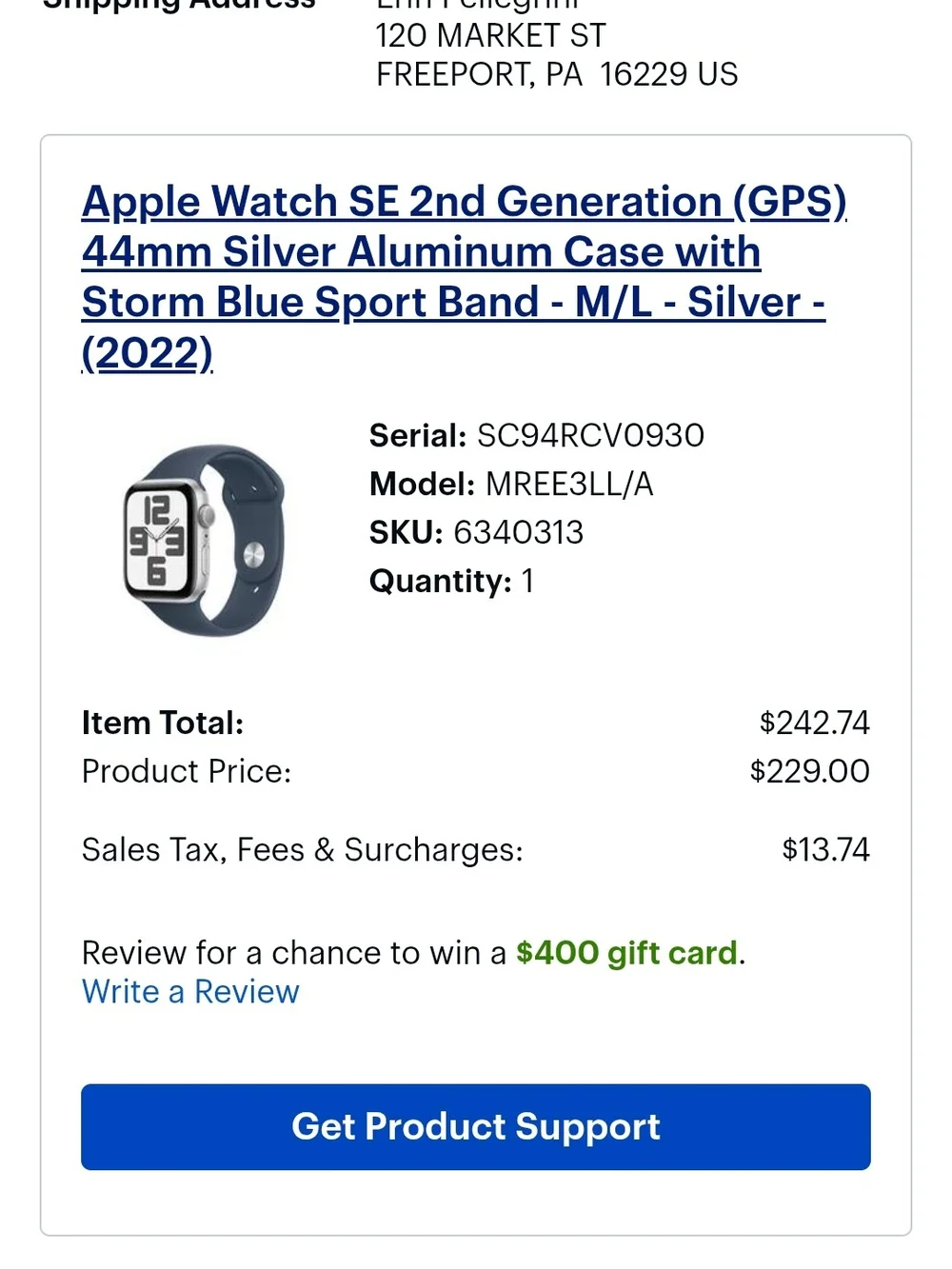 Apple Watch SE 2nd Generation (GPS) 44mm Silver Aluminum Case with Storm Blue Sp